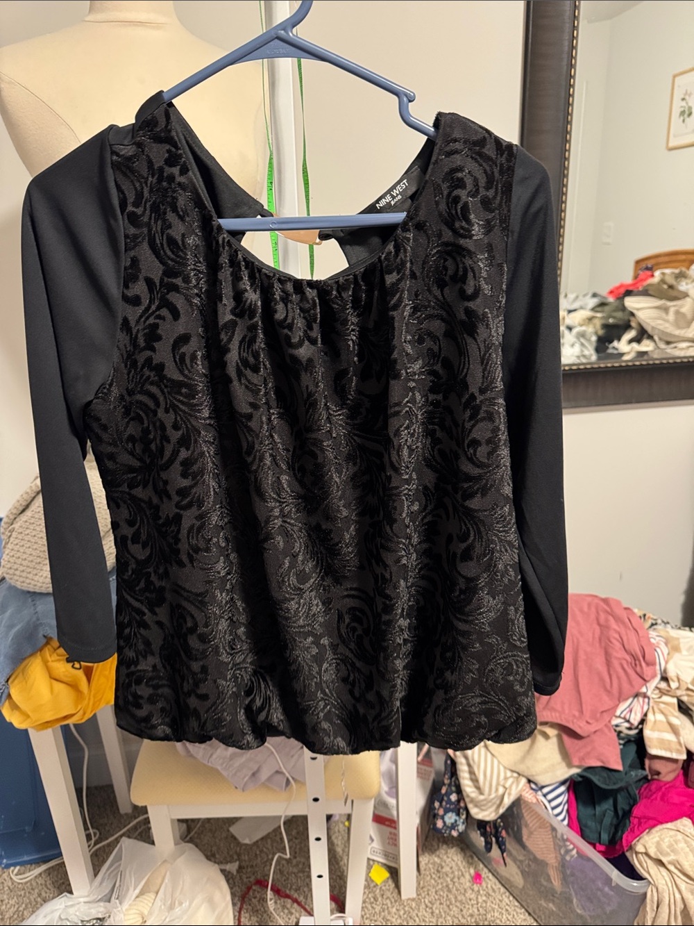 Nine West Black Velvet-Patterned Long Sleeve Top